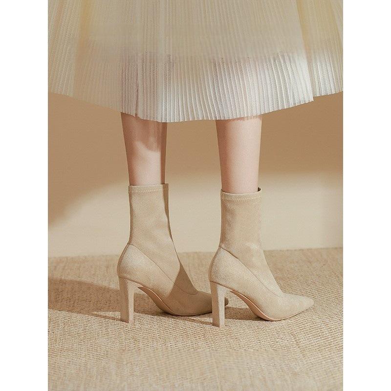 Pointed elastic thin boots nude thin heel medium tube year short boots women's spring single boots