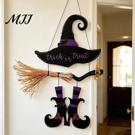 Hanging Wall Decor Halloween Witch Hat Boot Sign, Trick or Treat Decoration Wooden Sign for Home Room, Front Door Hanger Holiday