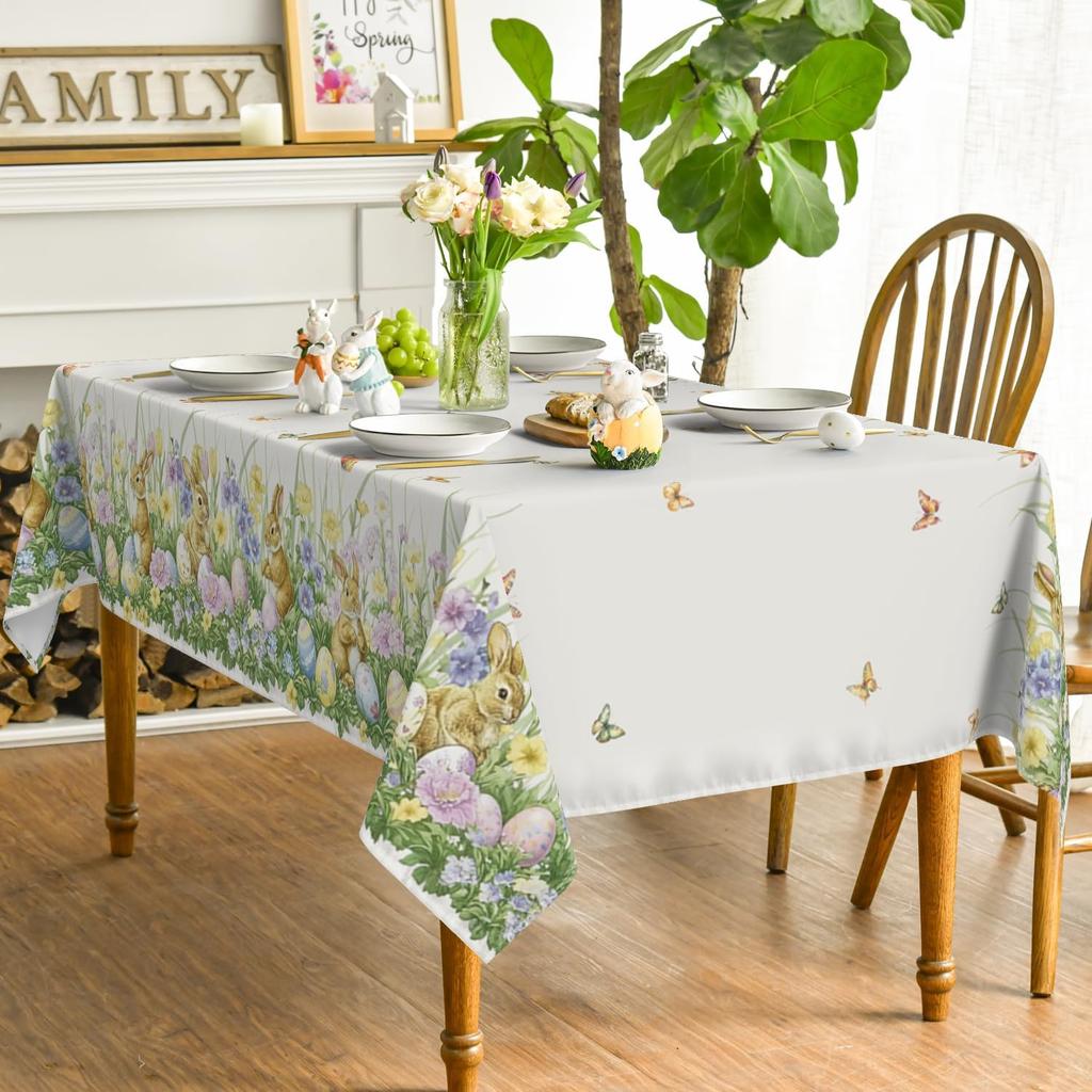 Easter Bunny Eggs Rectangle Waterproof Tablecloth Party Decor Washable Spring Kitchen Dining Tablecloth Easter Decorations