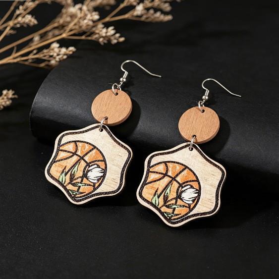 Western Cowboy Style Wooden Earrings with Basketball and Sunrise/Sunset Print