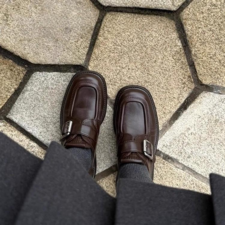 Schafsleder-Version~ Quadratische Gürtelschnalle kleine Lederschuhe Damen 2025 dicker Absatz Mode-Loafer faul vielseitig einzelne Schuhe