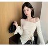 Sweet Sexy Drawstring Ribbon White Off Shoulder Top Women Basic Long Sleeve Body T-Shirt Elegant Flare Sleeve Lady Tees Pulovers