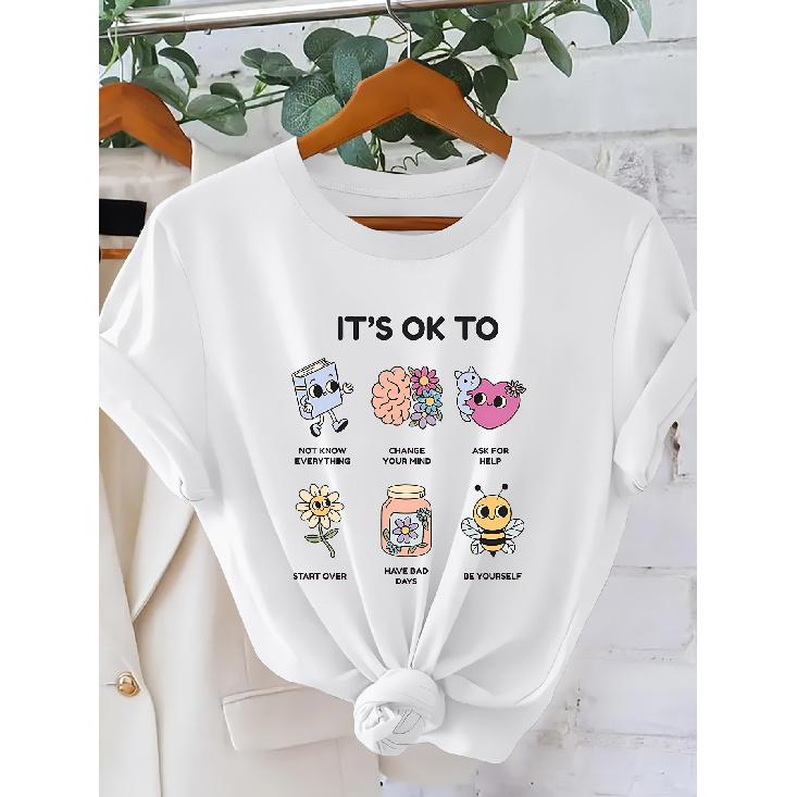 Self-Acceptance Statement for Women T Shirt | “It's OK To” Cartoon Illustration, Psychological Healing Style, Round Neck, Short Sleeves| Casual
