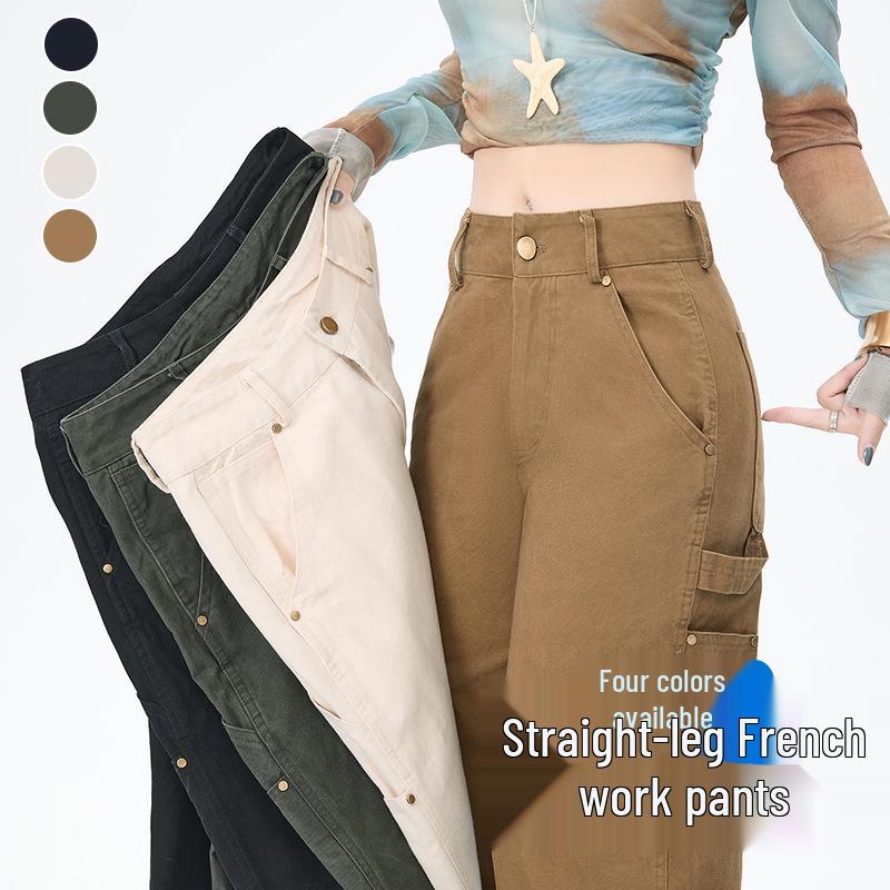 Jeans Larghi a Zampa Retro Khaki da Donna con Tasche Multiple per la Primavera