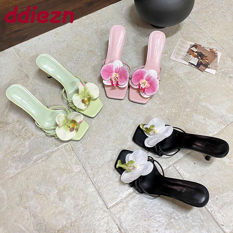 Fashion Pink Fashion Flower Women Thin Heels Sandals Slides Shoes Female Square Toe Footwear Ladies High Heels Sandals Shoes Pumps