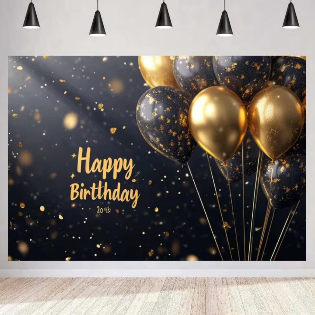 

Happy 50 60th Birthday Background Ball Stage Party Decoration Backdrop Black Gold Glitter Balloon Photography Studio Prop Bannr 120x90 CM