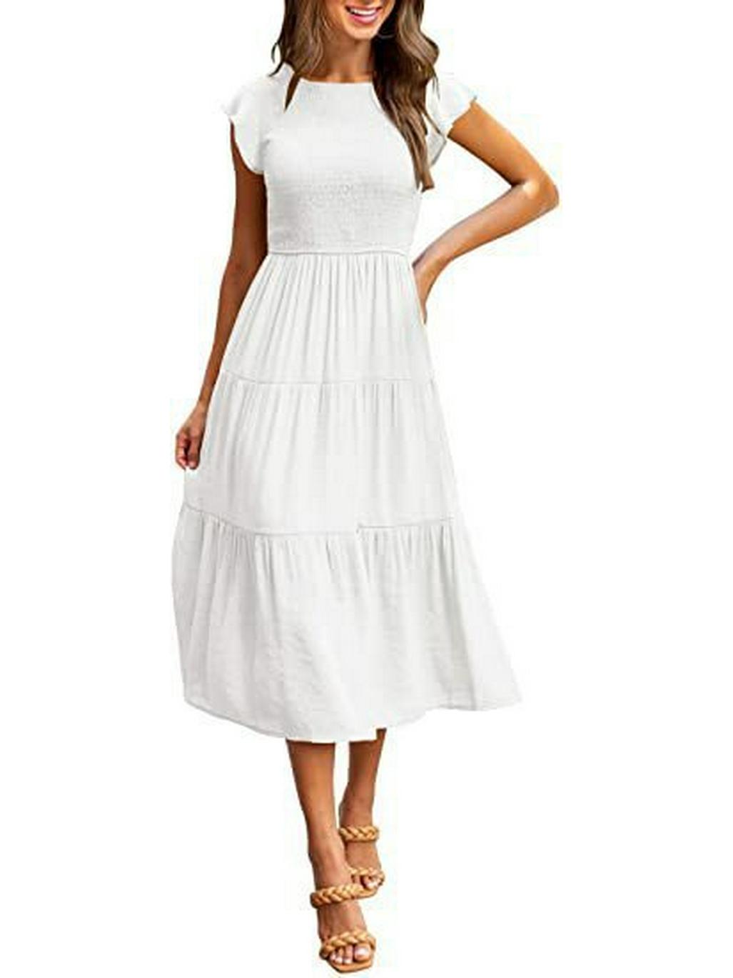

2025 Women s Puff Sleeve Smocked Short Sleeve Solid Color Dress L белый