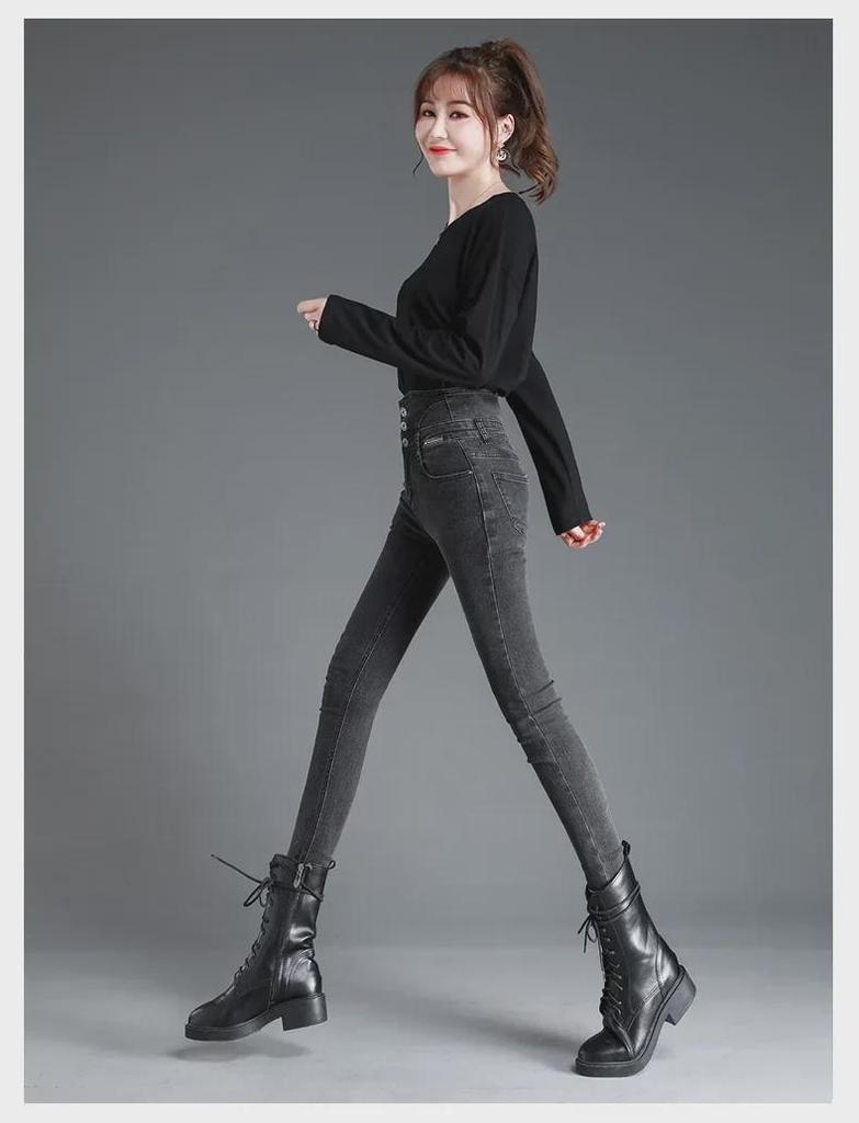 2023 Neue Plüsch-Röhrenjeans mit hoher Taille für Damen für Herbst/Winter, Slim Fit-Freizeithose mit Knöpfen
