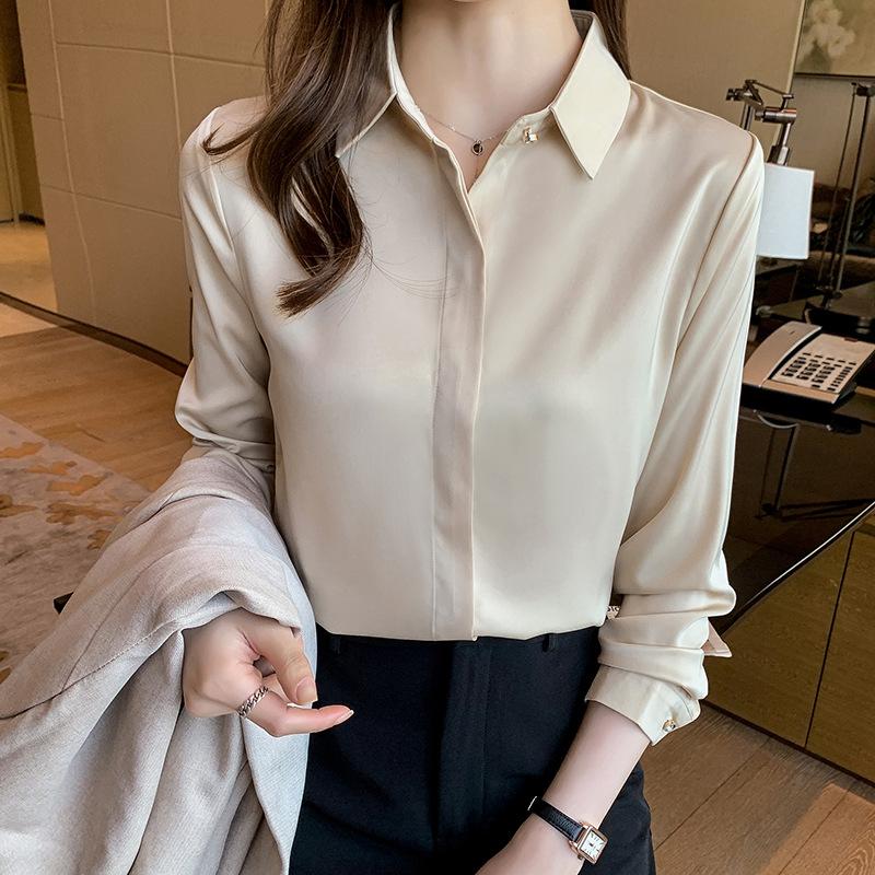 Langarmshirt Damen Frühling Herbst Satin Temperament Vielseitig Lockeres Freizeithemd