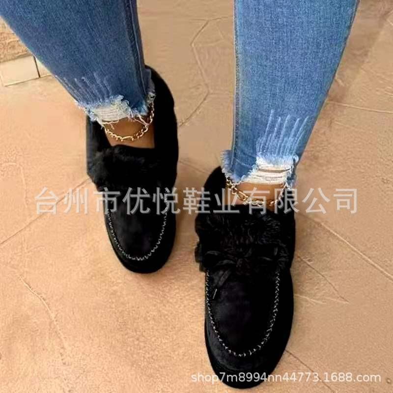 Autumn and winter new flat-bottomed suede plush one-pedal snow boots warm and non-slip fluffy women's plush thick cotton shoes