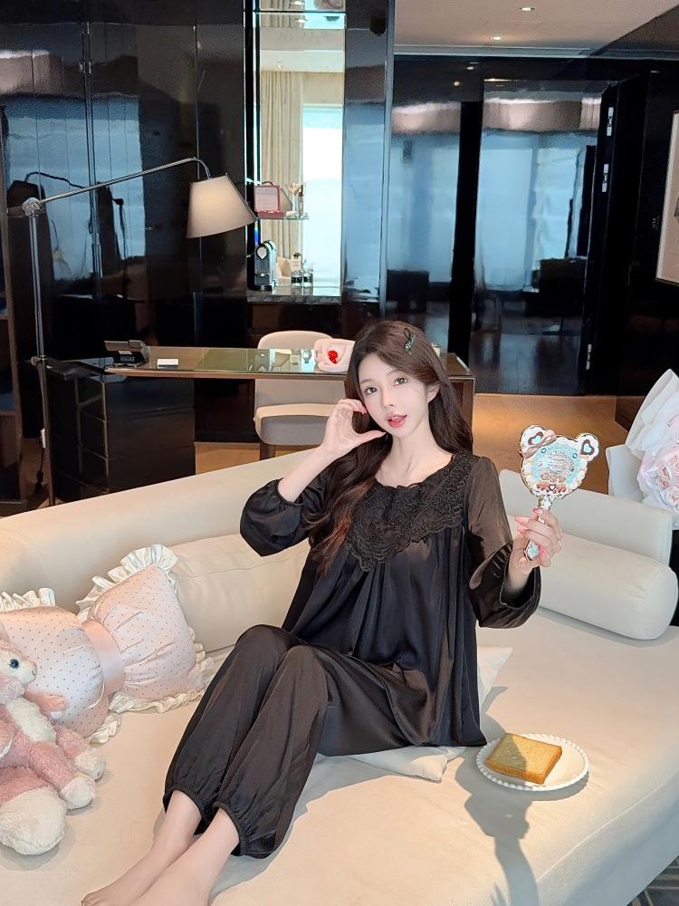 Ice Pure Maiden: Sweet Princess-Style Lace Pajamas - Long Sleeve, Light Luxury Ice Silk for Spring & Autumn