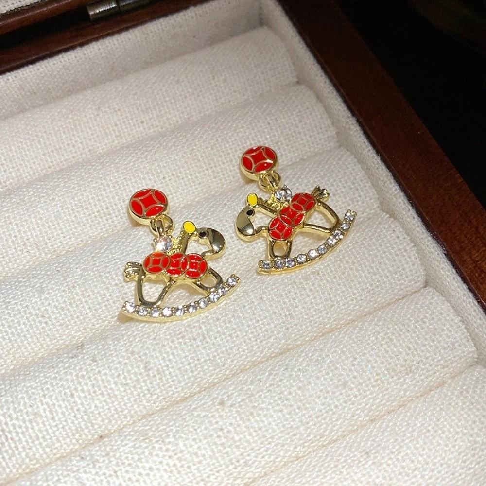 Fashion Jewelry Chinese Style Pony Earrings Hollow Rocking Pony Red Drop Earrings New Year Gift