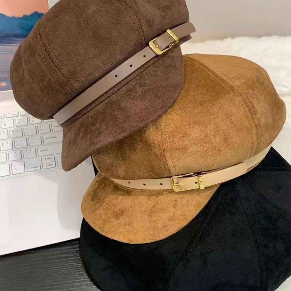 British Style Pu Leather Beret Brown Painter Hat Fashion Suede Octagonal Hat  Streetwear