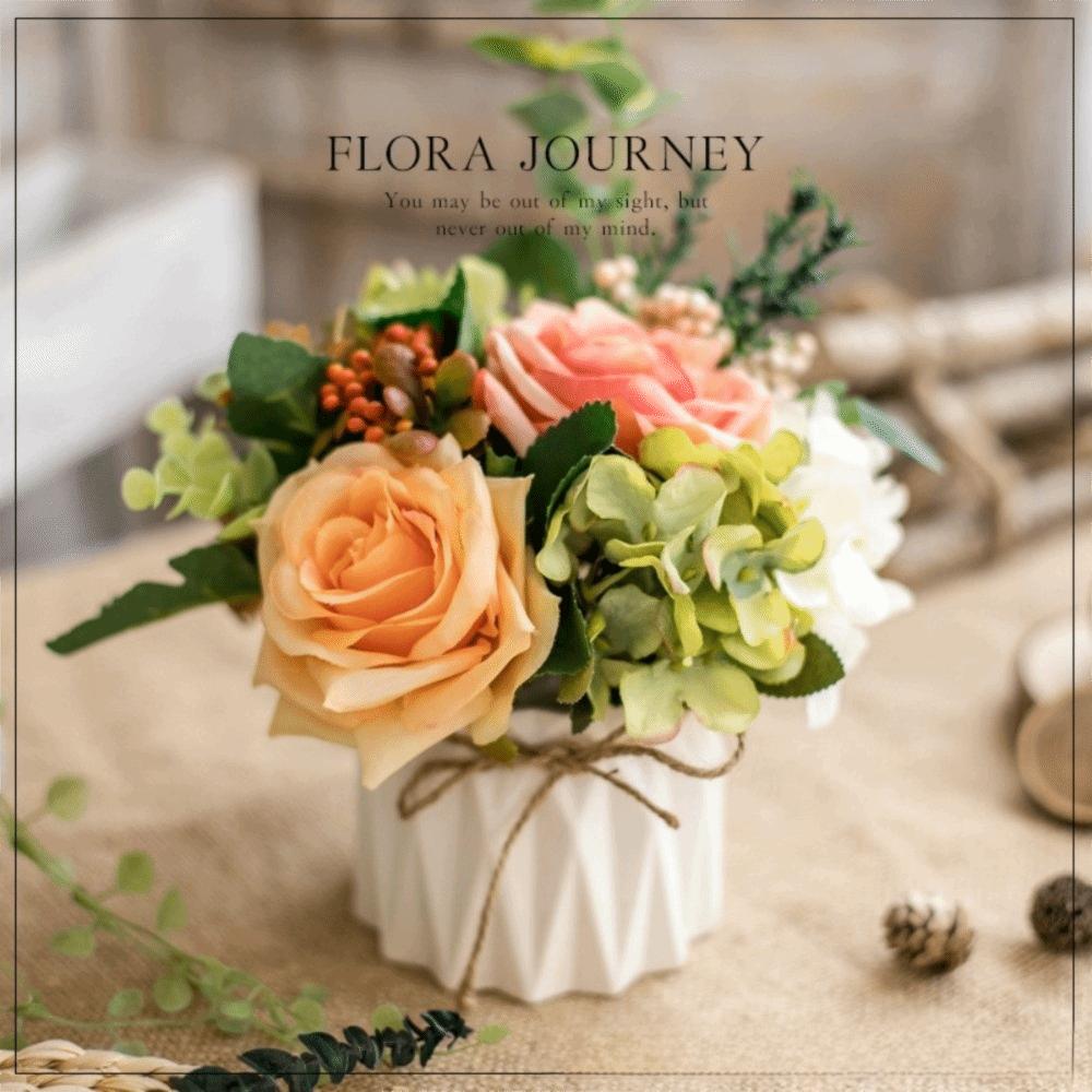 Nordic Fake Flowers with Vase Silk Variety Balls Ceramic Vase Artificial Faux Plants Hemp Rope Rose Artificial Pot Flower