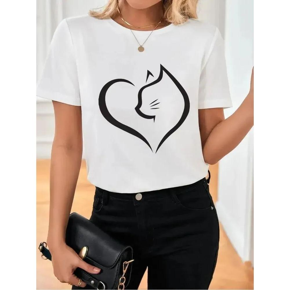 Women's Love Cat Printed Summer Leisure T-shirt Comfortable Soft Simple Fashion Women's Short Sleeve Cotton T-shirt