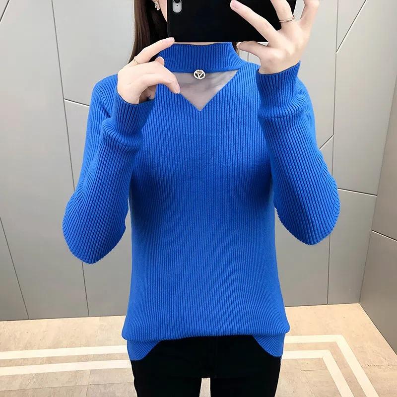 New Women's Turtleneck Pullover Slim Knit Jumper Winter Hollow Gauze  Yellow Sweater Tops