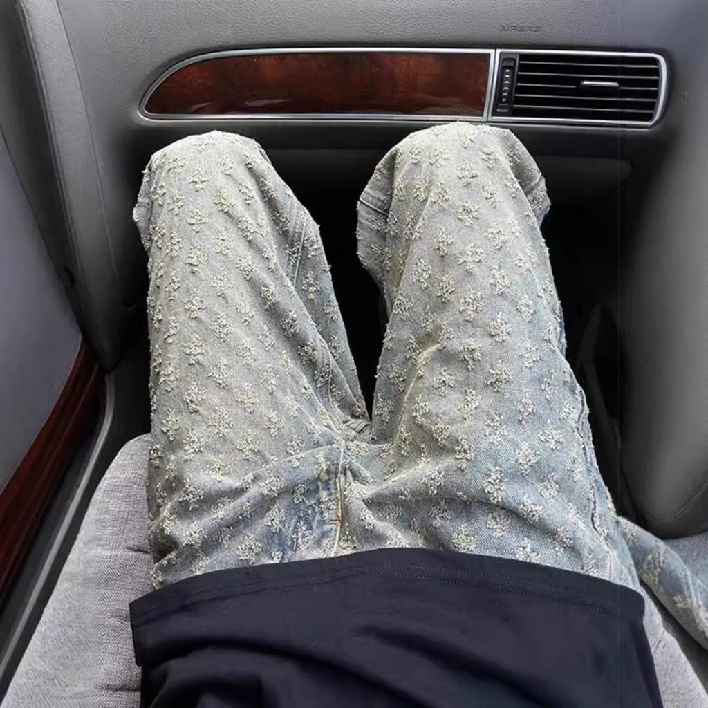 Blue jacquard full print micro-pull jeans American oversize pants trendy brand ruffian handsome fried street men's tooling straight-leg pants
