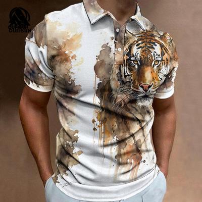 Vinatge POLO Shirt For Mens Short Sleeve Top Tiger Pattern POLO Shirt Loose Men's Casual POLO Shirt