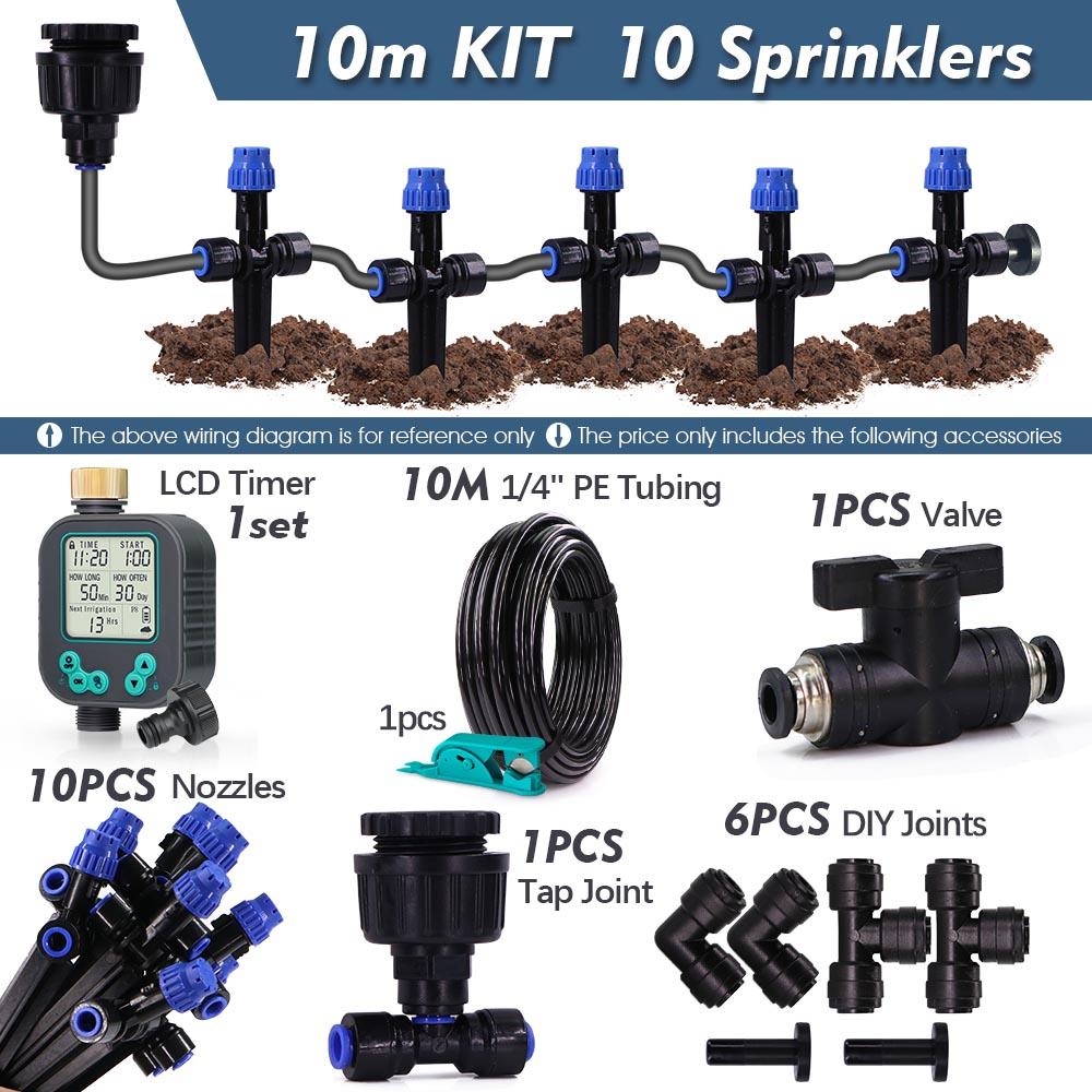 

1/4 Садовая ирригационная система с таймером, датчик дождя, ЖК-таймер, 4/6 мм, регулируемые дождеватели-капельницы, для полива газонов, растений в горшках на открытом воздухе