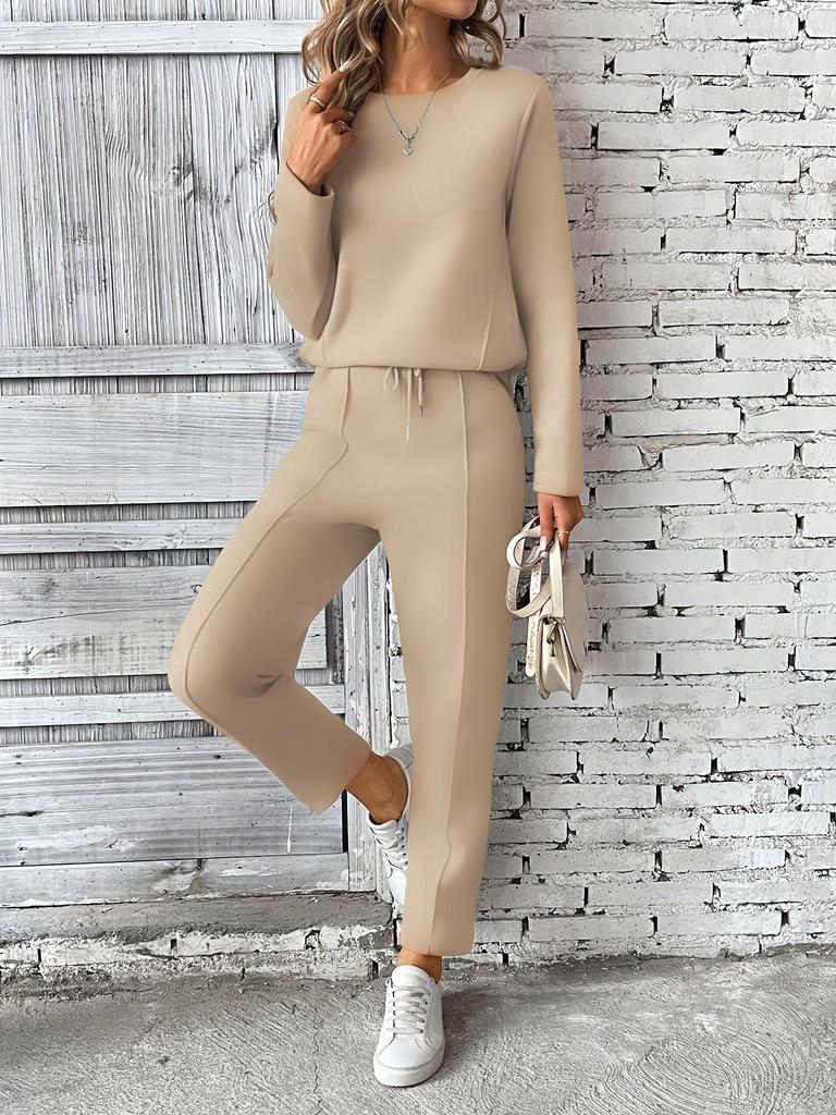 New Women's Fleece Sweatshirt & Pocket Pants Set - Round Neck, Fashionable & Simple Style, Casual Straight Leg Design (2025).