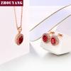 Red Crystal Necklace Earrings Jewelry Set For Women Simple Rose Gold Color Oval Rhinestone Accessories Wholesale Girl Gift S213