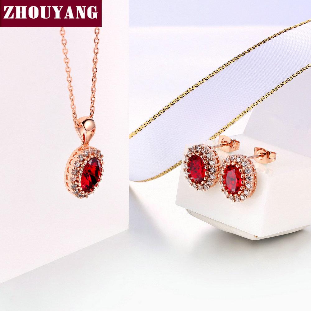 Red Crystal Necklace Earrings Jewelry Set For Women Simple Rose Gold Color Oval Rhinestone Accessories Wholesale Girl Gift S213