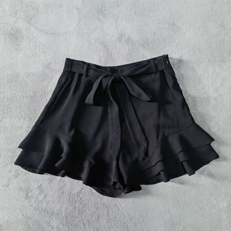 

Export High-Grade Chiffon Super Breathable Cool Bows Side Zipper High Waist Ruffles Casual Shorts Summer Black 36