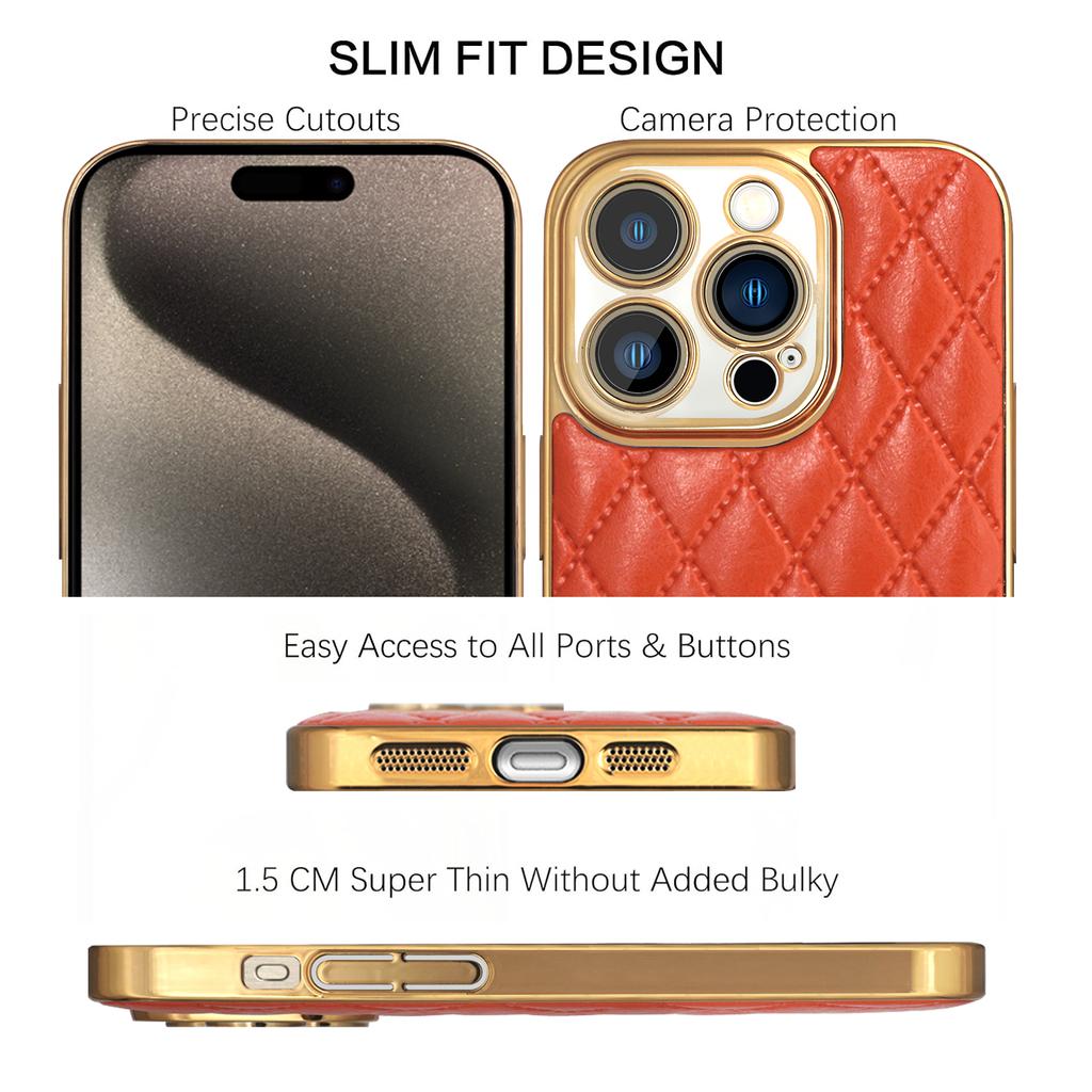 Luxury 3D Diamond Pattern Plating Leather Cases For iPhone 15 Pro Max 14 11 12 13 Shockproof Bumper Hard Lens Protection Cover