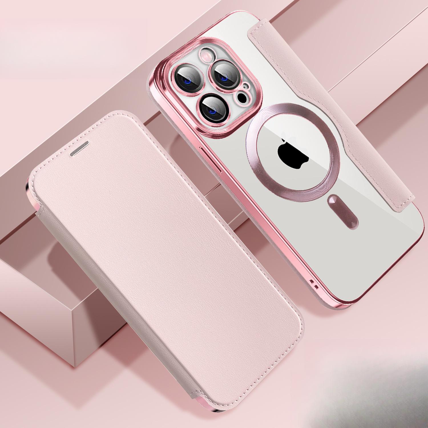 

Применимо к Apple 16 гальванизированный золотой защитный магнитный кожаный чехол мобильный телефон чехол IPhone 15 полное покрытие откидная пленка для объектива 14 защита Samsung S22 розовый