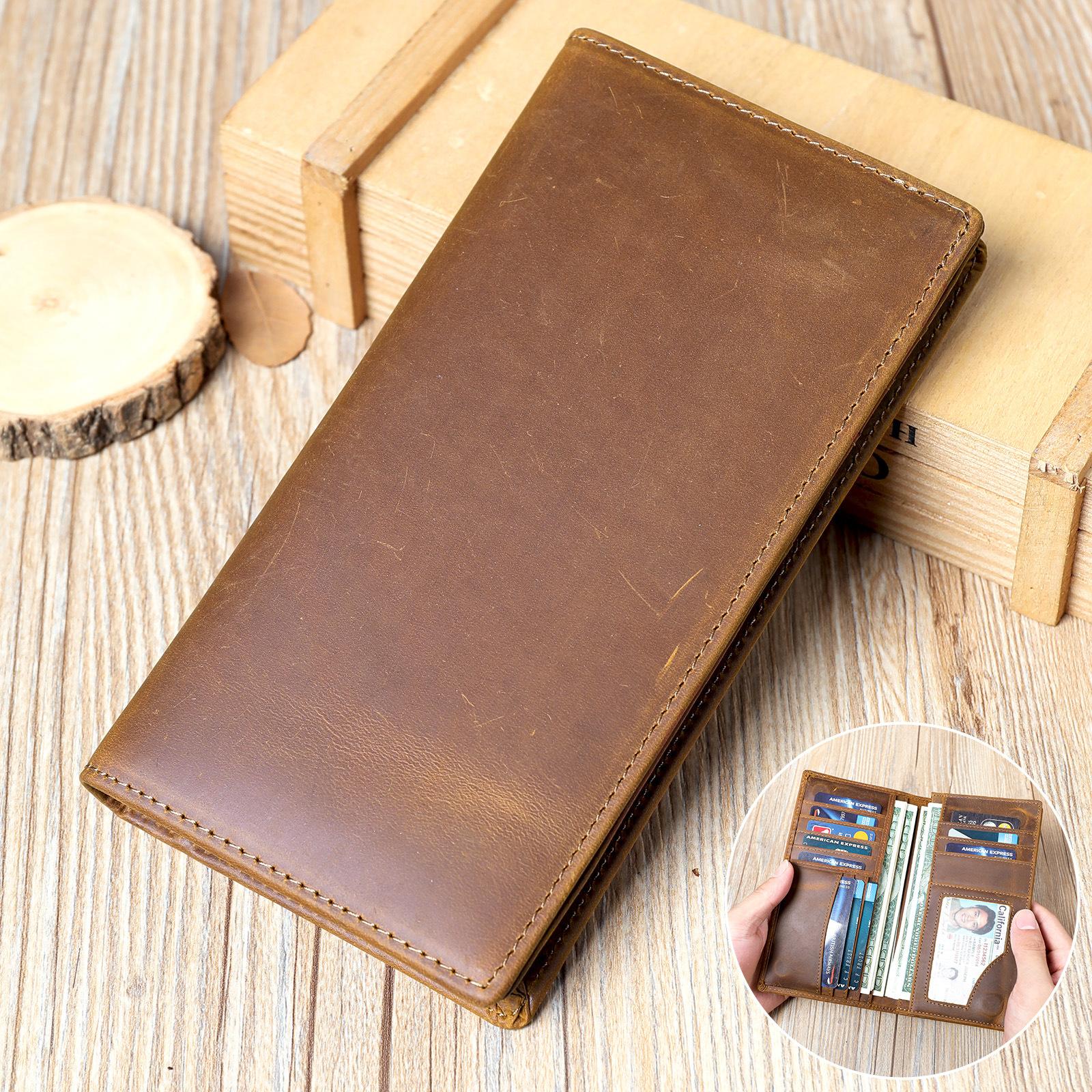

Мужской длинный кошелек Crazy Horse Leather, простой деловой кошелек из натуральной кожи с отделкой из коровьей кожи коричневый