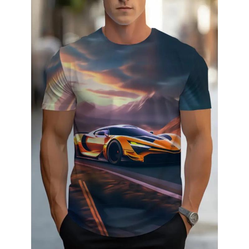 Großes Herren Sportwagen Muster 3D Gedrucktes Herren Rundhals Kurzarm T-Shirt Sommer Mode T-Shirt Lässig Bequem Vielseitiges Oberteil