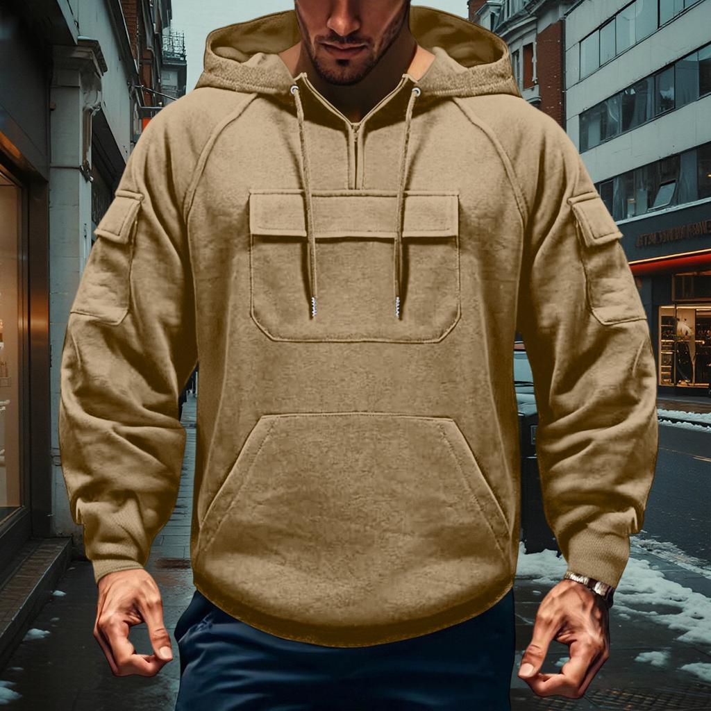 Men's Cargo Hoodie | Drawstring Multi-Pocket, Solid Color For Outdoor & Casual Wear