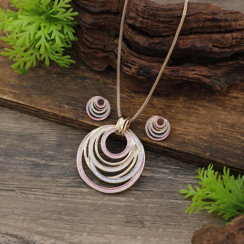 New Enamel Color Hollow Ring Stud Earrings Pendant Set Women's Fashion Simple Ring Necklace Set