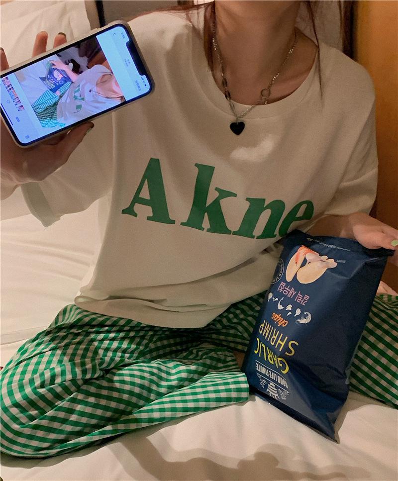 Pantaloni de pijama pentru femei, stil coreean, carouri verzi: Pantaloni de casă la modă, cu croială largă, pentru ținută casual