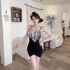 Autumn and Winter New Celebrity Low-cut Elastic Fringed Splicing Suspender Irregular Hip-wrapped Short Primer Dress