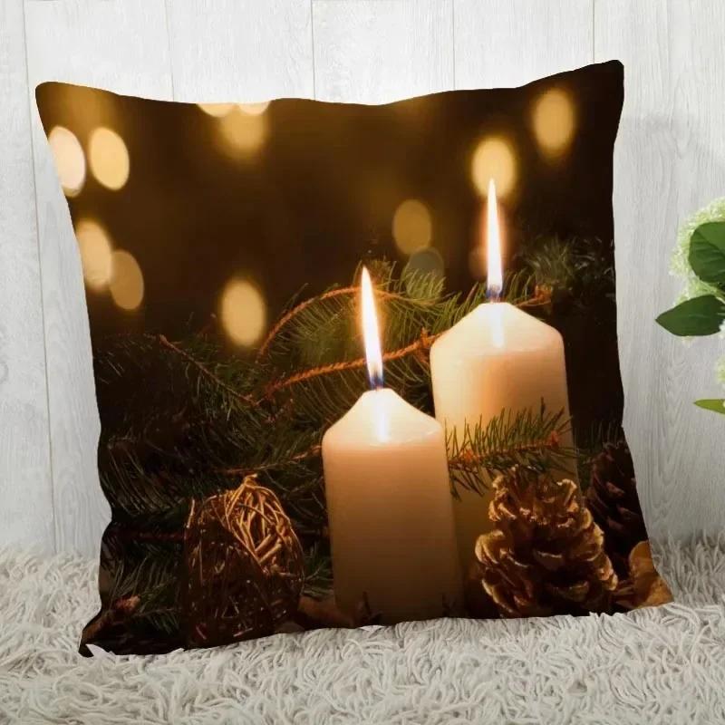 Home Decoration Bedroom Bedside Pillow Cover Christmas Candle Square Cushion Cover Living Room Sofa Pillow 40x40cm