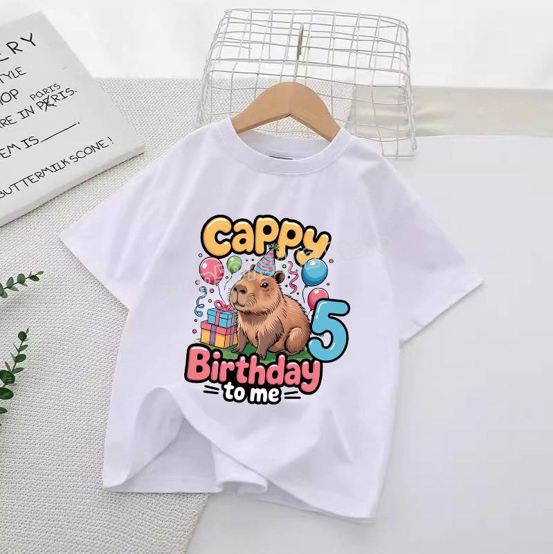 Capybara Numbers Round Neck Clothes Children Birthday T-Shirts Cartoon Tops Summer Girl T Shirt Animal White Shirts Kid Clothing