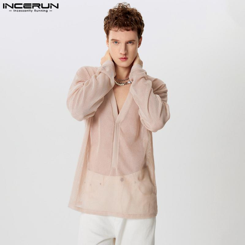 INCERUN T-shirt transparent décontracté à manches longues et col