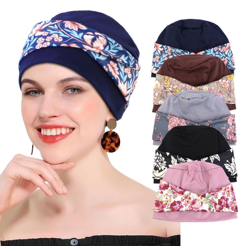 New Flower Print Bohemian Headband Hat Stretch Fabric Breathable Hair Care Cap Comfortable Flat Top Hood Women
