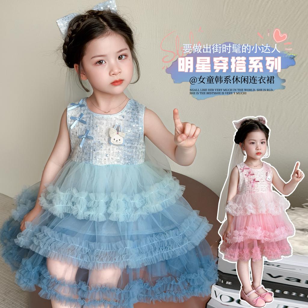 Girl's Rabbit Bow Cake Skirt Summer 2026 New Collection Sweet Mesh Sleeveless Dress Princess Dress for Baby Girls