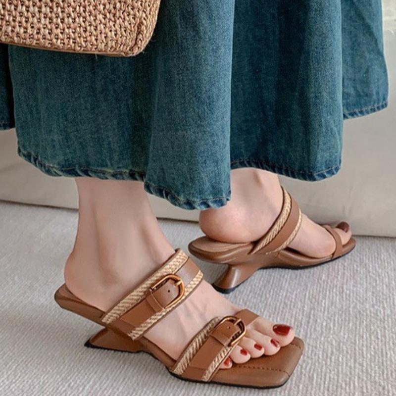 

Fashion Women Slippers Square Toe High Heels Sandals Party Shoes 2025 Summer Designer Dress Elegant Sweet Shoes Open Toe Flip Flops Muje 40 абрикосовый