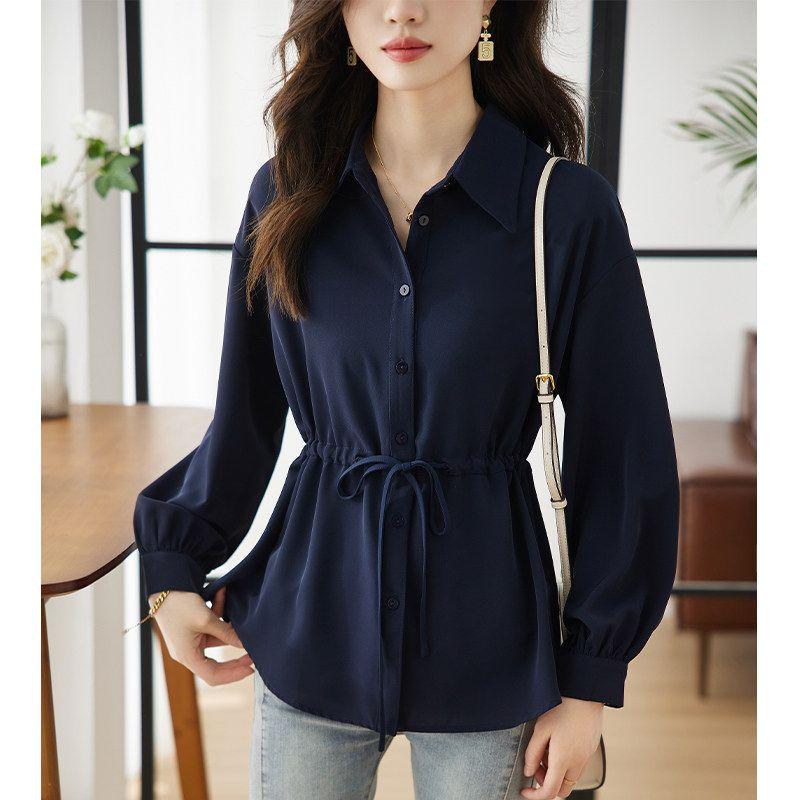 La Chapelle Spring Loose Slimming Shirt Casual Drawstring Design Shirt Top for Women Navy Blue Top S