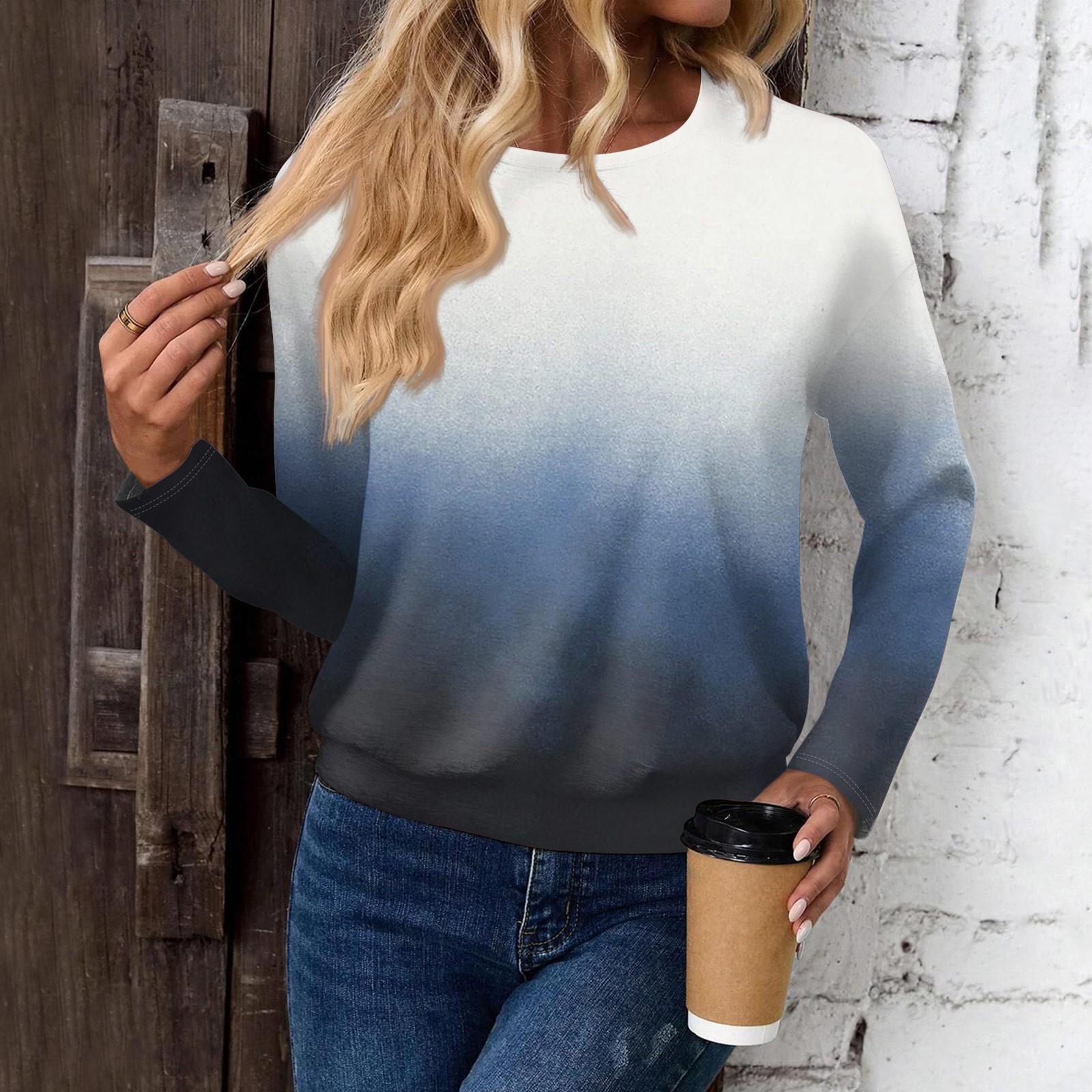 

Жіночий модний повсякденний топ із відкритими плечима та круглим вирізом із принтом із довгими рукавами M темно-синього кольору