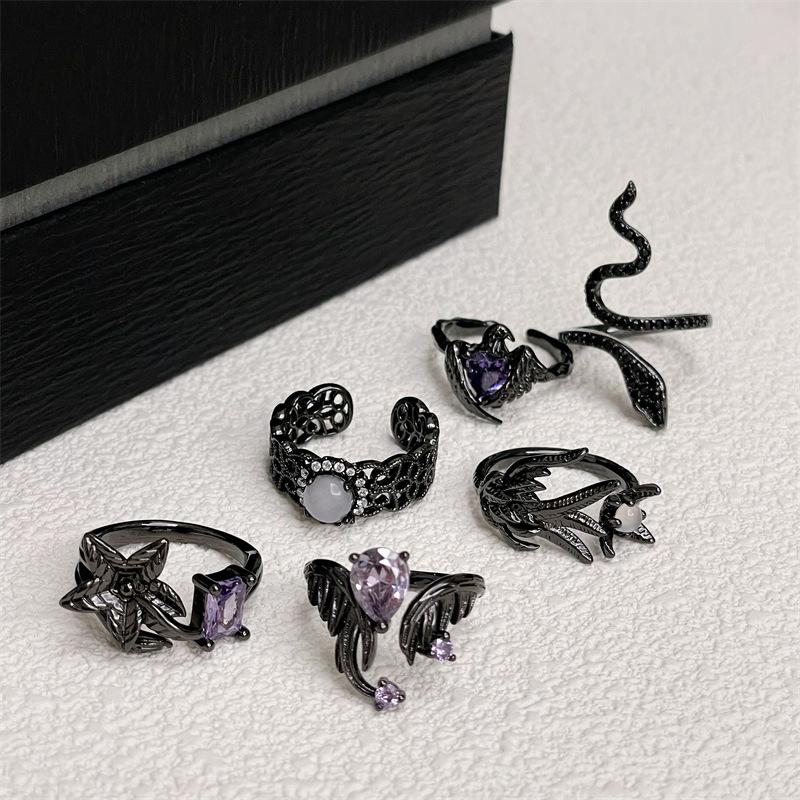 Dark Vintage Raven Purple Zircon Punk High Sense Open Ring Snake Ring Niche Design Index Finger Ring