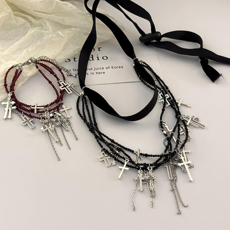 Vintage Cross Necklace Chain Necklace Charm Bracelet Tassels Bracelet Stylish Layered Necklace Suitable for Daily Wear