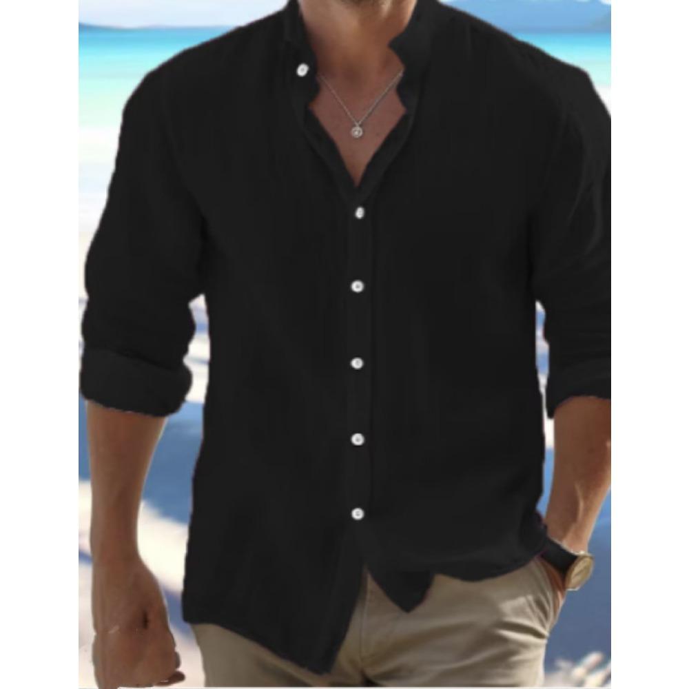 Men's Linen Button-Down Shirt Summer Beach Shirt Long-Sleeved Plain Stand Collar Spring/Summer Casual Everyday Wear