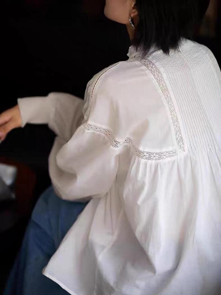 2025 Autumn French Lace Embroidered Retro Cotton Long Sleeve Shirt for Women