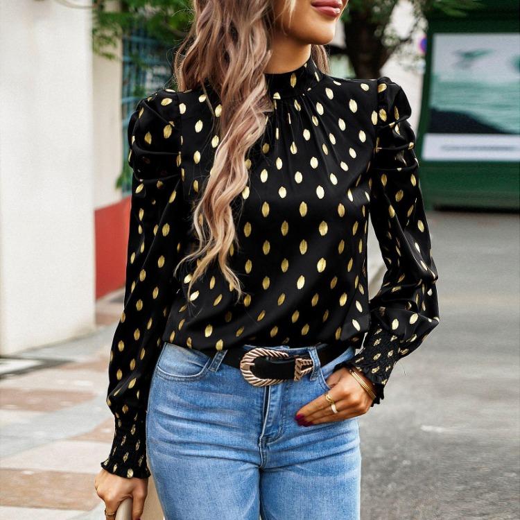 Women Loose Printed Blouses Long Sleeve Round Neck Commuting Autumn Winter