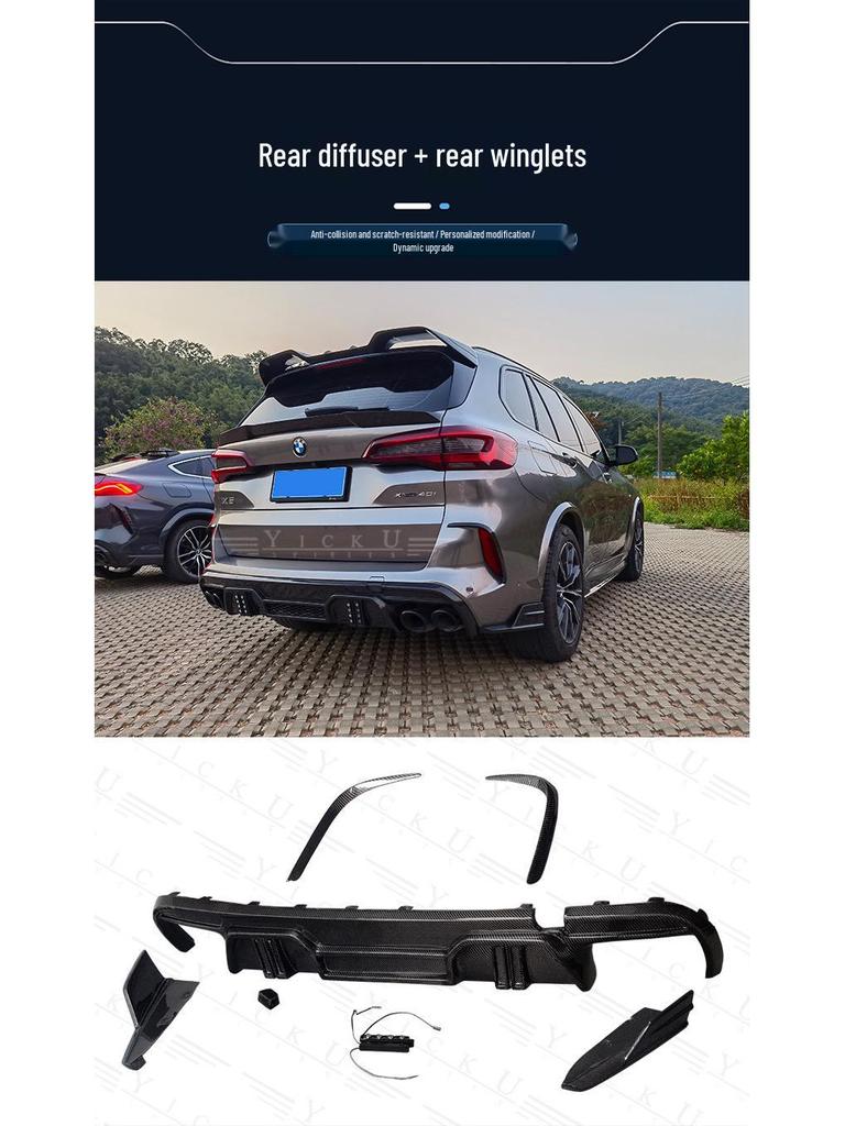 BMW X5M F95 Carbon Fiber Body Kit: Front Lip Splitter, Rear Lip, Side Skirts, Wind Deflectors, Tail Wing with Lights.