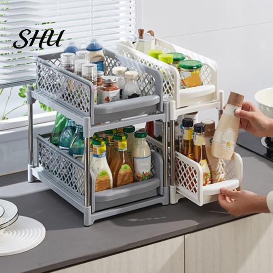 Double-layer Bathroom Organizer Sliding Under-sink Storage Rack Double-Layer Design Large Capacity Kitchen Shelf Strong Load-bearing Easy Assembly